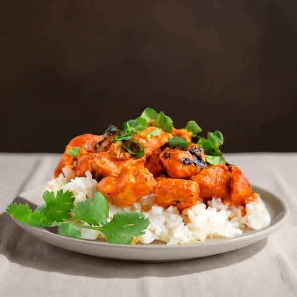Chicken tikka masala with white rice and fresh cilantro on a gray plate.