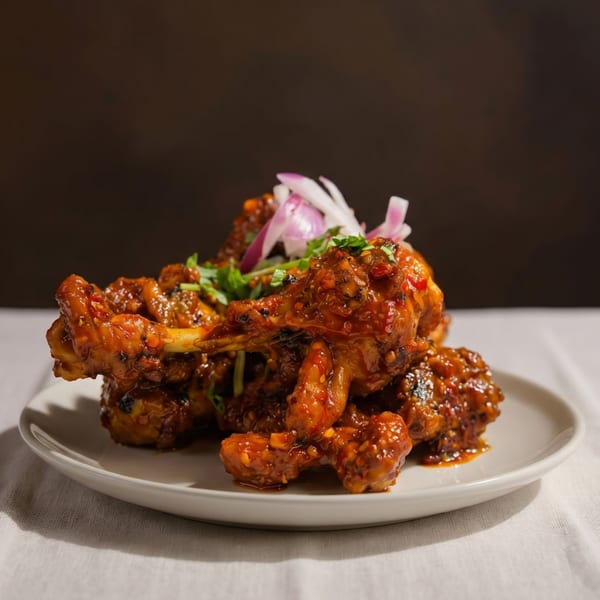 Spicy chicken lollipops on a white plate, garnished with red onions and cilantro.