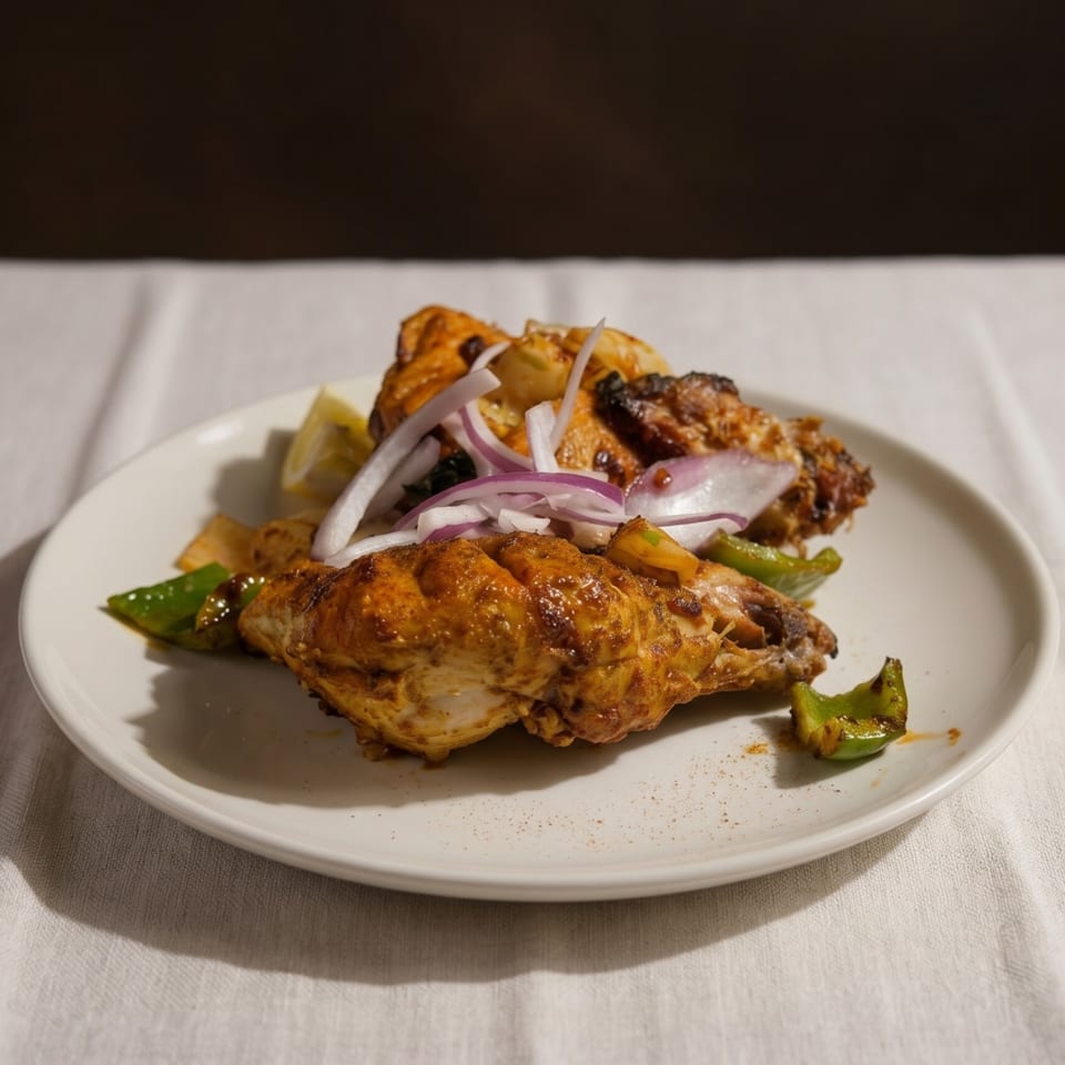 Chicken tikka with red onions, green peppers, and lemon wedges on a white plate.
