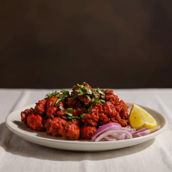 A plate of red chicken tikka with cilantro, red onions, and a lemon wedge.