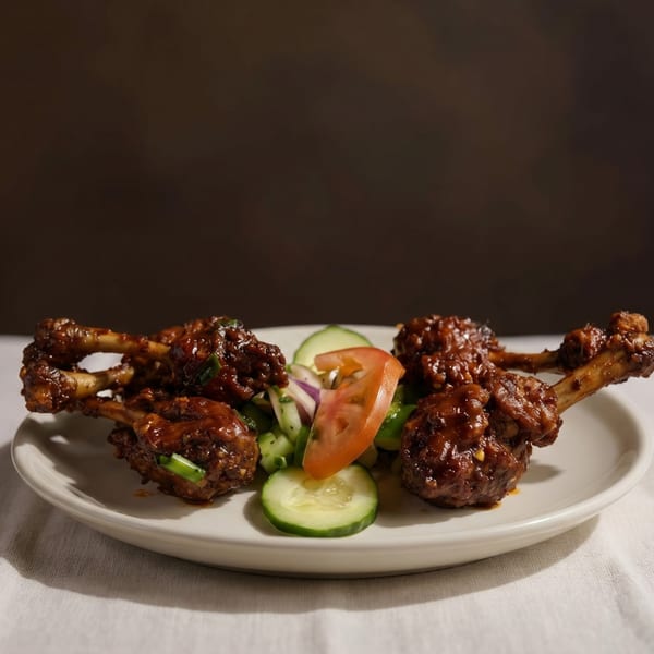 Five chicken lollipops with a dark glaze, garnished with a side salad of cucumbers, tomatoes, and onions.