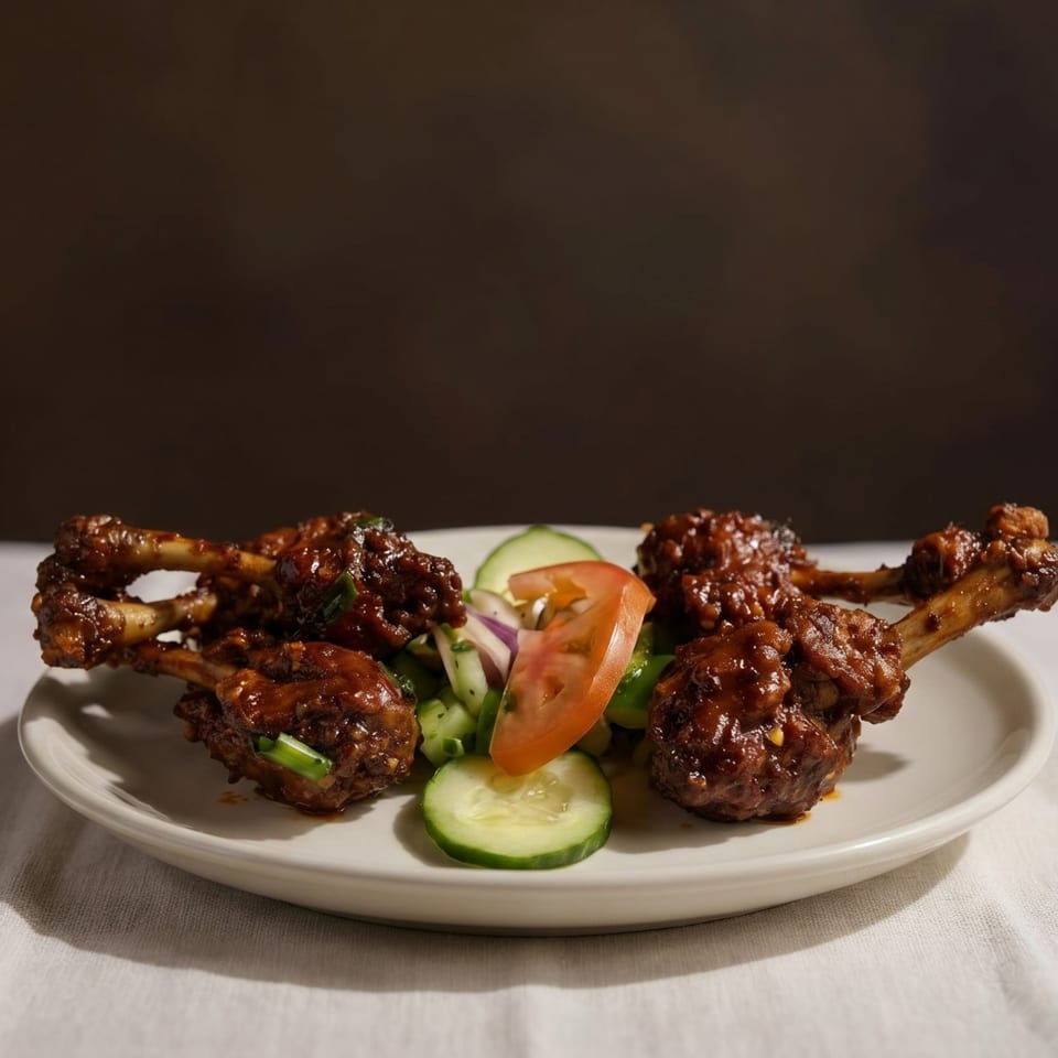 Five chicken lollipops with a dark glaze, garnished with a side salad of cucumbers, tomatoes, and onions.