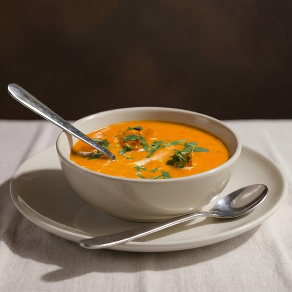 A bowl of orange soup with green garnish and a spoon, on a white tablecloth.